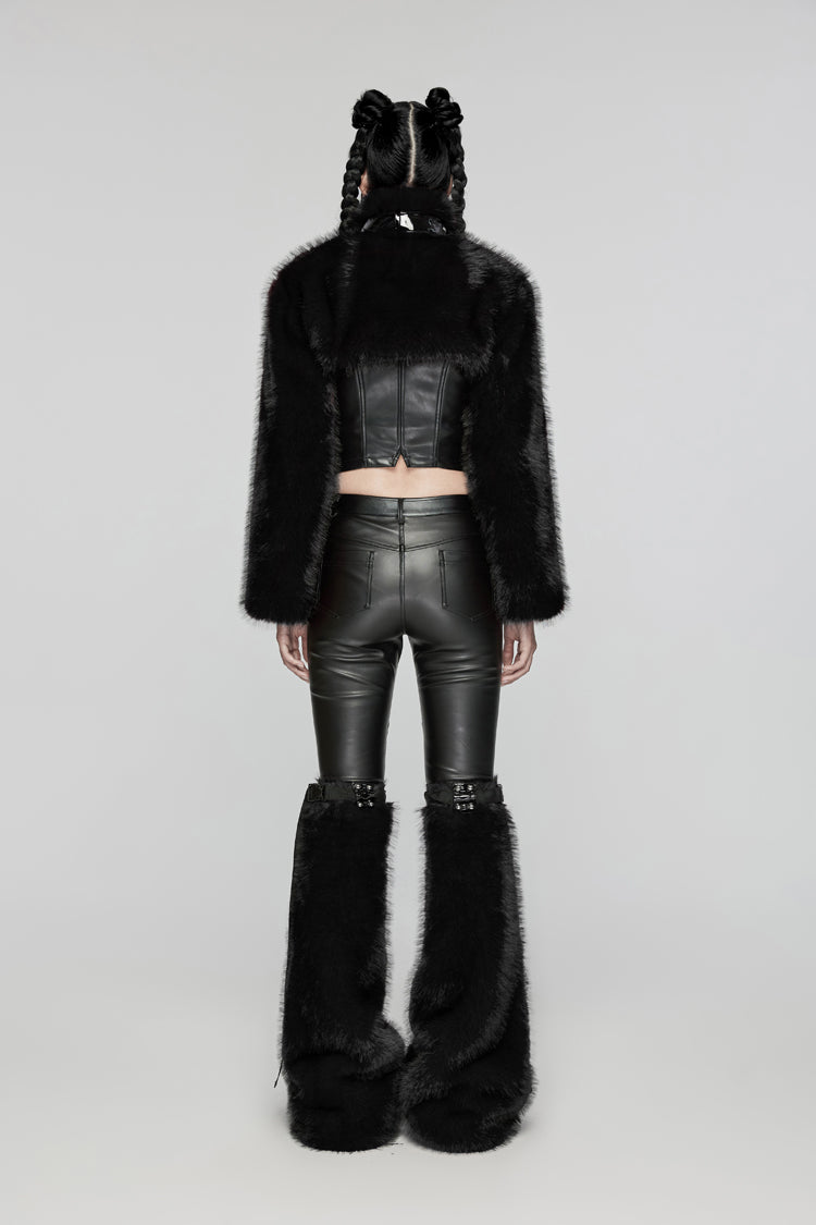 Black Stand Collar Long Sleeves Women's Punk Faux Fur Short Jacket - Product - 5