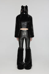 Black Stand Collar Long Sleeves Women's Punk Faux Fur Short Jacket - Product - 5