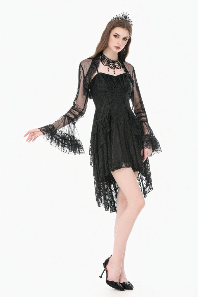 Black Lace Ruffled High Collar Long Flare Sleeves Sheer Mesh Women's Gothic Cape - Product - 8