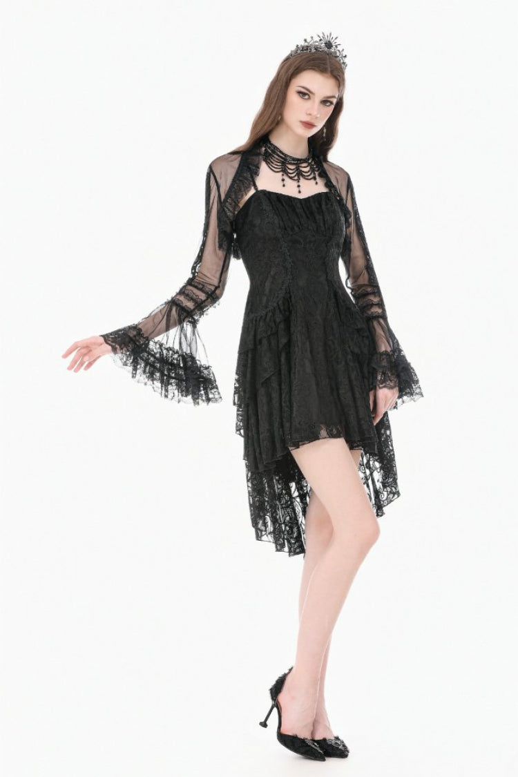 Black Lace Ruffled High Collar Long Flare Sleeves Sheer Mesh Women's Gothic Cape - Product - 8