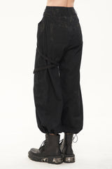 Black Irregular Print Single Side Frenulum Ring Legs Drawstring Closing Women's Punk Pants - Product - 3