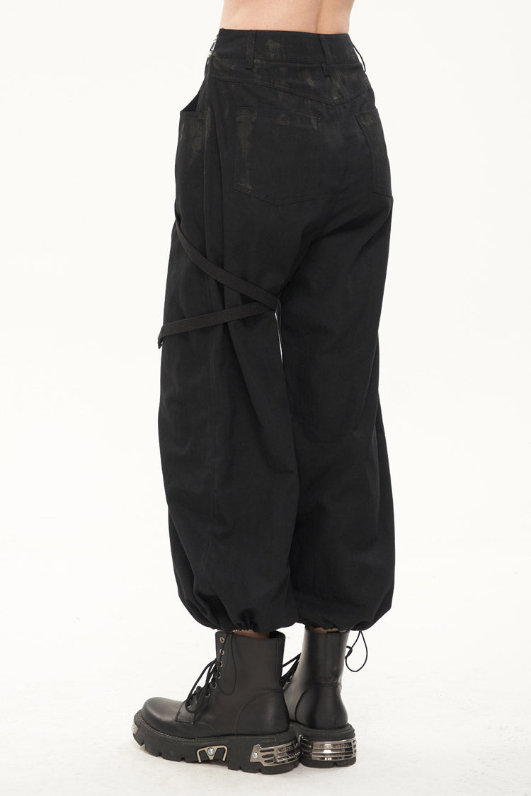 Black Irregular Print Single Side Frenulum Ring Legs Drawstring Closing Women's Punk Pants - Product - 3