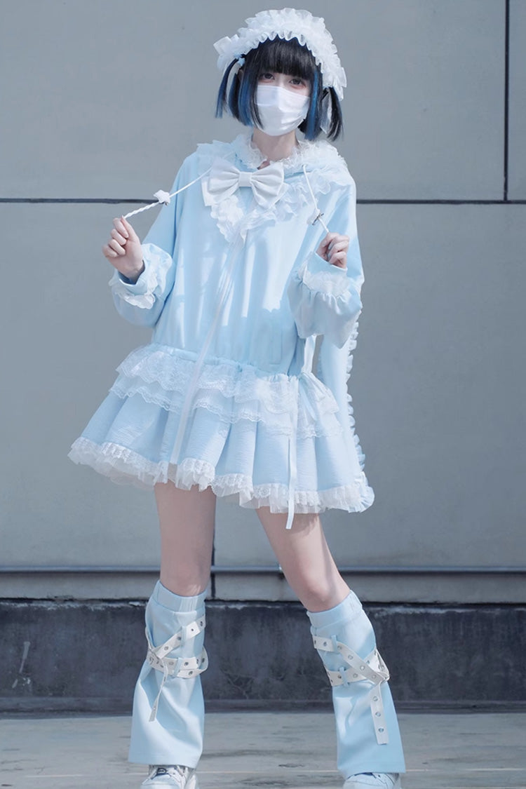 Blue Rabbit Ears Hooded Bowknot Lace Sweet Lolita Coat Set - Product - 5