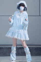 Blue Rabbit Ears Hooded Bowknot Lace Sweet Lolita Coat Set - Product - 5