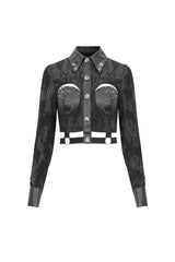 Black Turn Down Collar Cutout Long Sleeves Studded Women's Punk Shirt - Product - 7