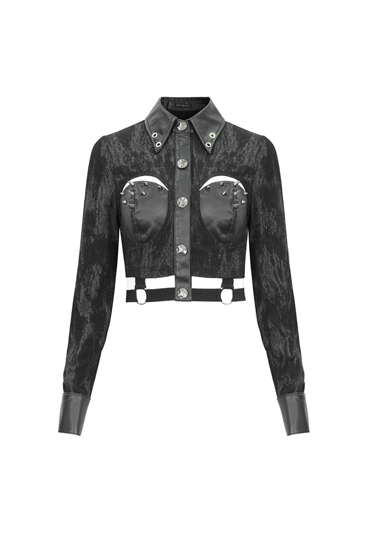 Black Turn Down Collar Cutout Long Sleeves Studded Women's Punk Shirt - Product - 7