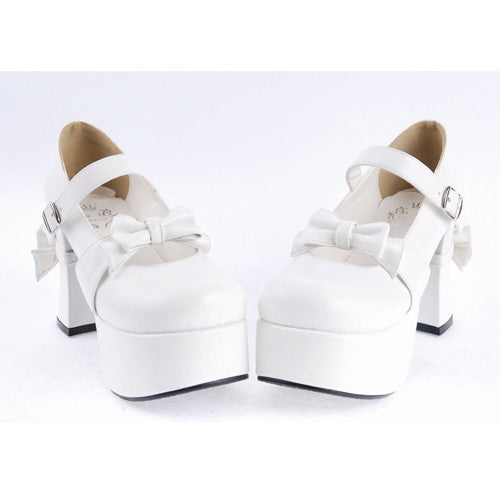 White Patent Leather Round Toe Strap Bowknot Platform Lolita Shoes - Product - 5