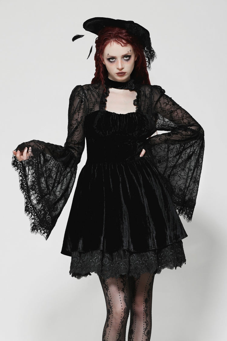Black Lace Long Trumpet Puff Sleeves Floral Jacquard Cut-Out Lace-Up Women's Gothic Short Dress - Product - 5