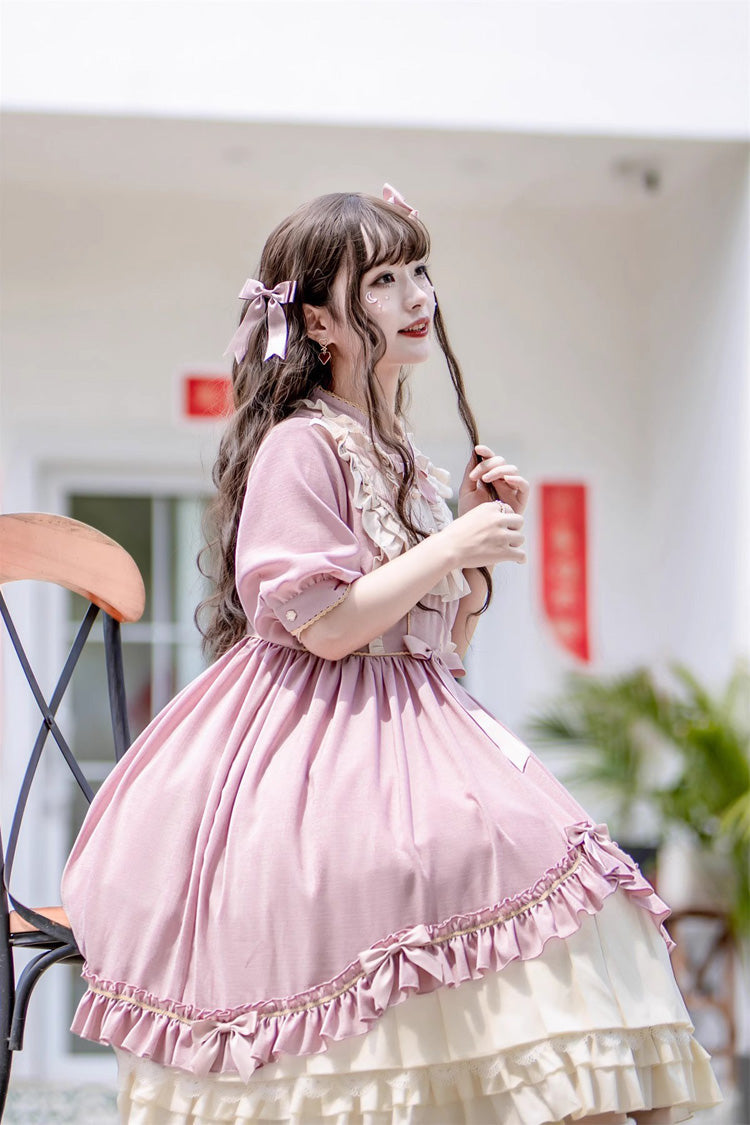 Pink Long Sleeves Ruffle Bowknot Daily Sweet Princess Lolita Dress - Product - 10