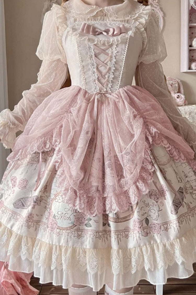 Apricot Sleeveless Rose Prologue Print Ruffle Bowknot Sweet Elegant Princess Lolita Jsk Dress - Product - 9