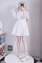Lace Shawl Sleeveless Bowknot Chiffon Slim Jirai Kei Dress 2 Colors - Product - 4