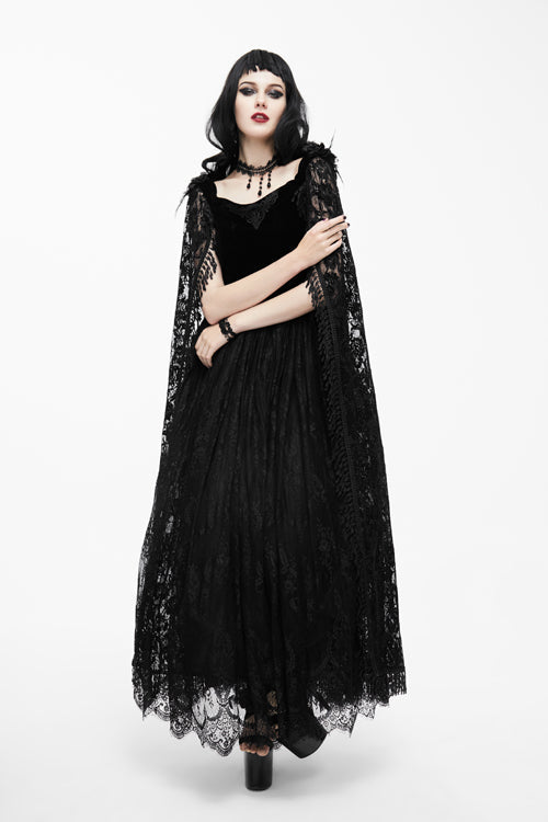 Black Feather And Flowers Off Collar Sexy Long Velvet Womens Gothic Dress With Lace Shawl - Product - 2