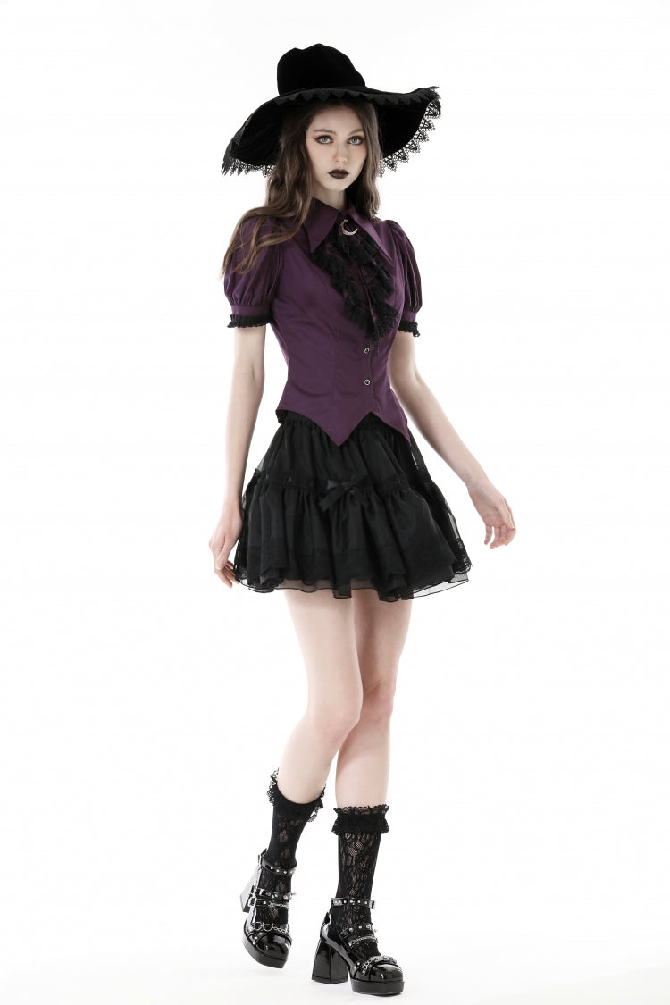 Purple Moon Frilly Collar Short Puff Sleeves Women's Gothic Blouse - Product - 9