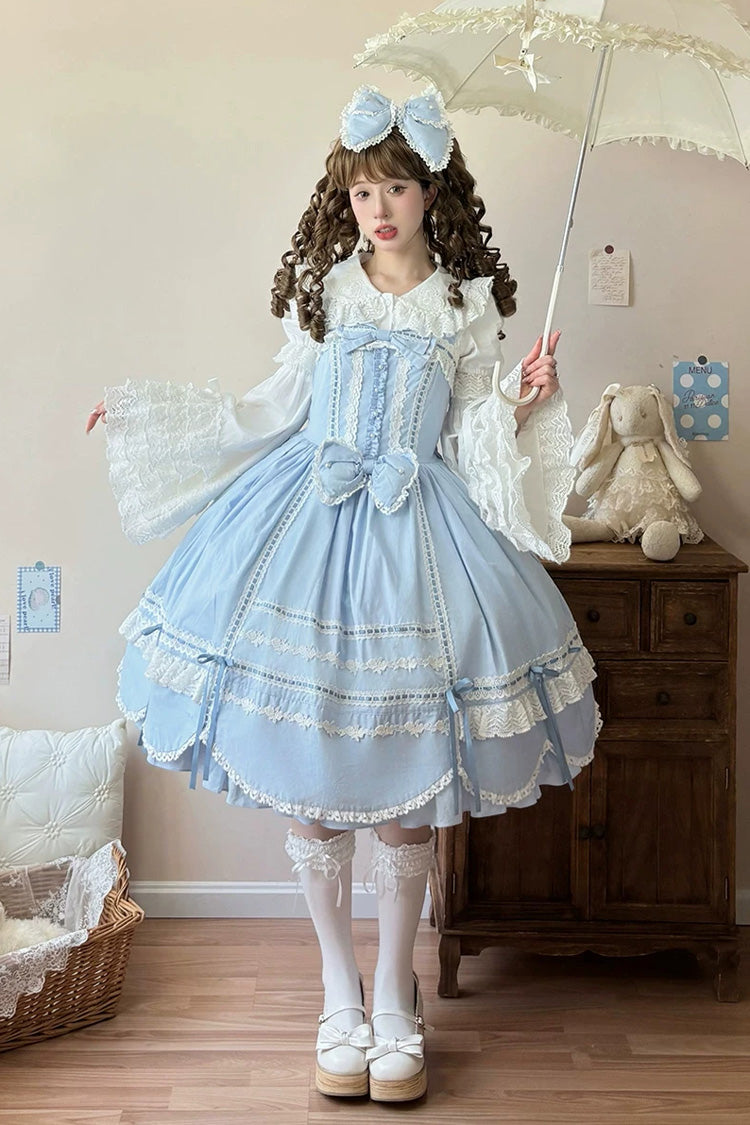 Blue [Petal Bunny] Cotton Sleeveless Ruffled Bow Lace Sweet Elegant Lolita Jsk Dress - Product - 2