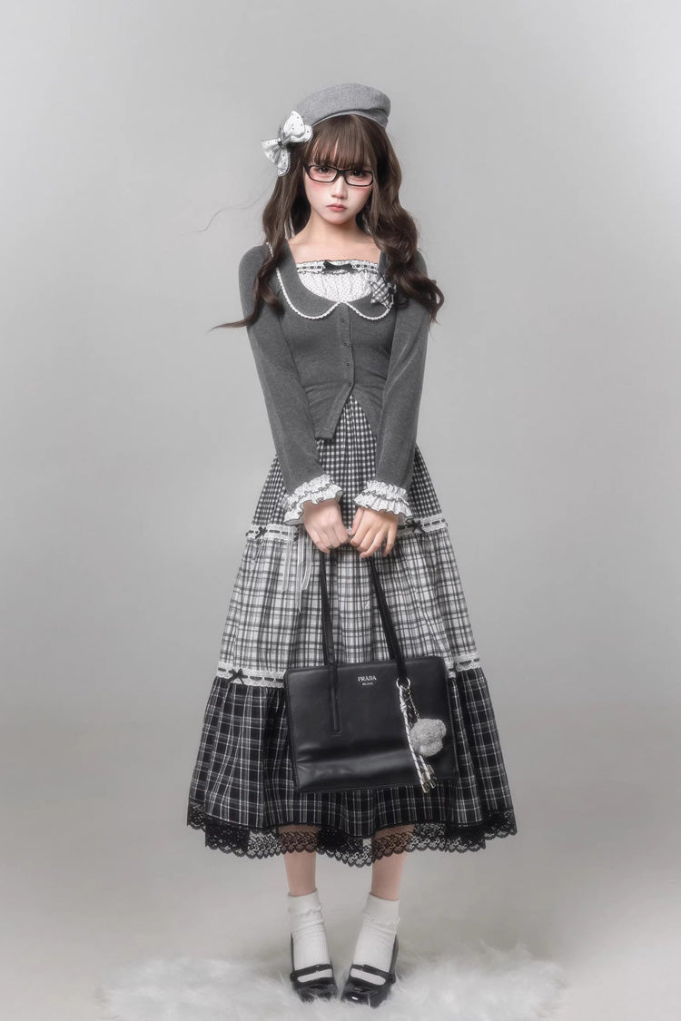 グレー [Star Candy] スクエアカラー 長袖 プリント Cut-Out レース 重ね着風 スウィートロリータスカートセット 商品画像
