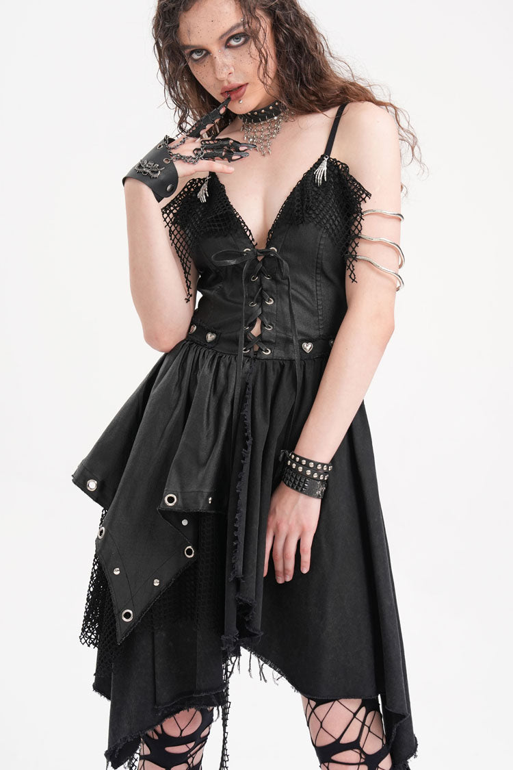 Black Sleeveless Lace Irregular Mesh Women's Gothic Slip Dress - Product - 12