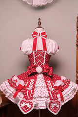 Wine Red Halterneck Short Sleeves Triple-Layered Polka Dot Printed Bow Lace-Up Sweet Lolita Dress - Product - 2