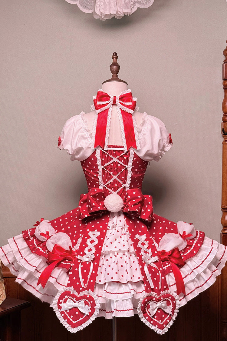 Wine Red Halterneck Short Sleeves Triple-Layered Polka Dot Printed Bow Lace-Up Sweet Lolita Dress - Product - 2