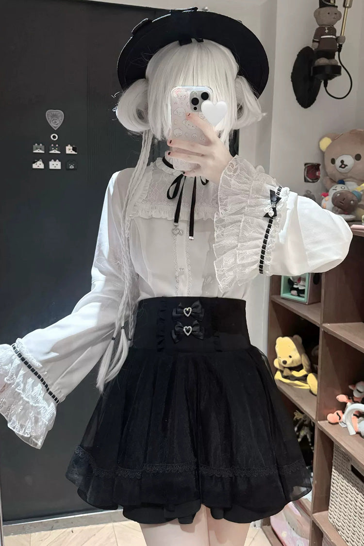 Black/White [Moonlit Butterfly] Lapel Collar Long Trumpet Sleeves Ruffled Bow Lace Jirai Kei Japanese Skirt Set - Black/White(Set) - 1