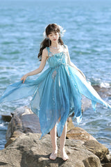Blue [Ocean Sprite] Gradient Print Irregular Hooded Sweet Lolita Jsk Dress Cloak Set - Product - 7