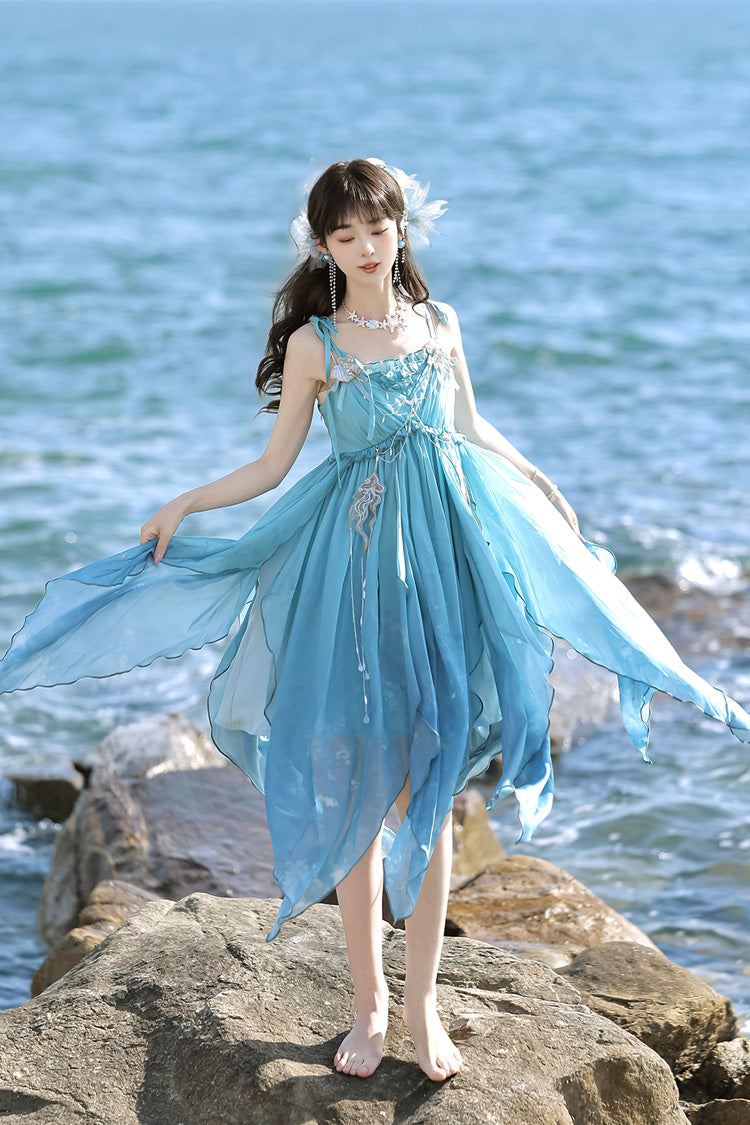 Blue [Ocean Sprite] Gradient Print Irregular Hooded Sweet Lolita Jsk Dress Cloak Set - Product - 7