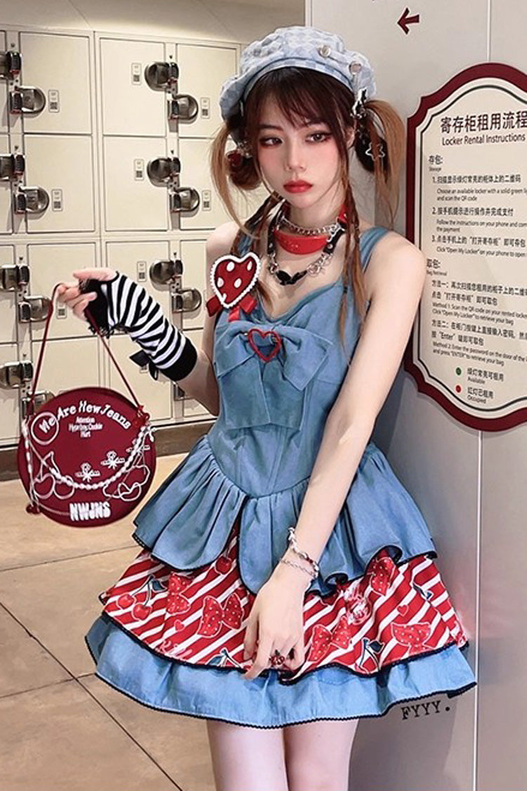Blue Cherry Sleeveless Triple-Layered Print Ruffle Bowknot Denim Sweet Japanese Vintage (Dress Only) detail view 6