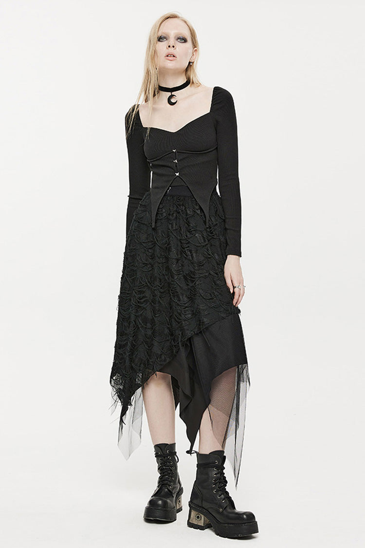 Black Elastic Square Neck Curved Split Butterfly Button Women's Gothic T-Shirt - Product - 4
