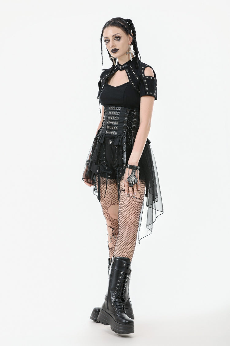 Black High Waisted Lace-Up High/low Mesh Women's Punk Skirt - Product - 5