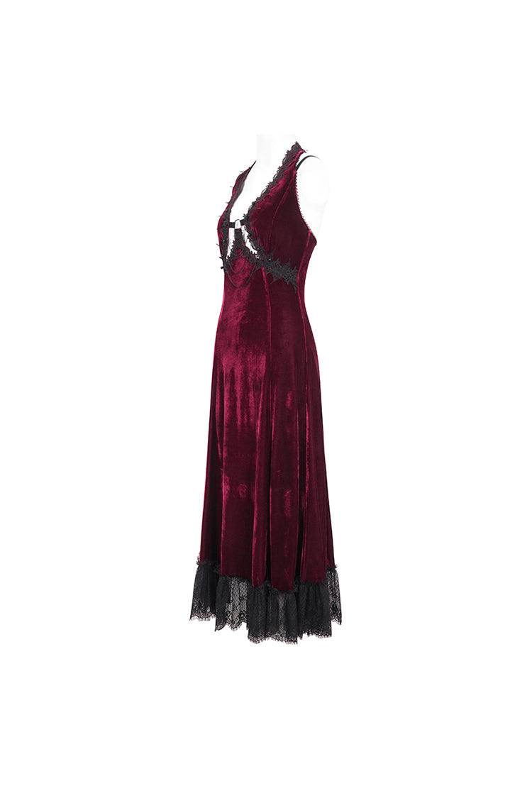 Red Lace Up Lace Hem Slip Long Women's Gothic Dress - Product - 8