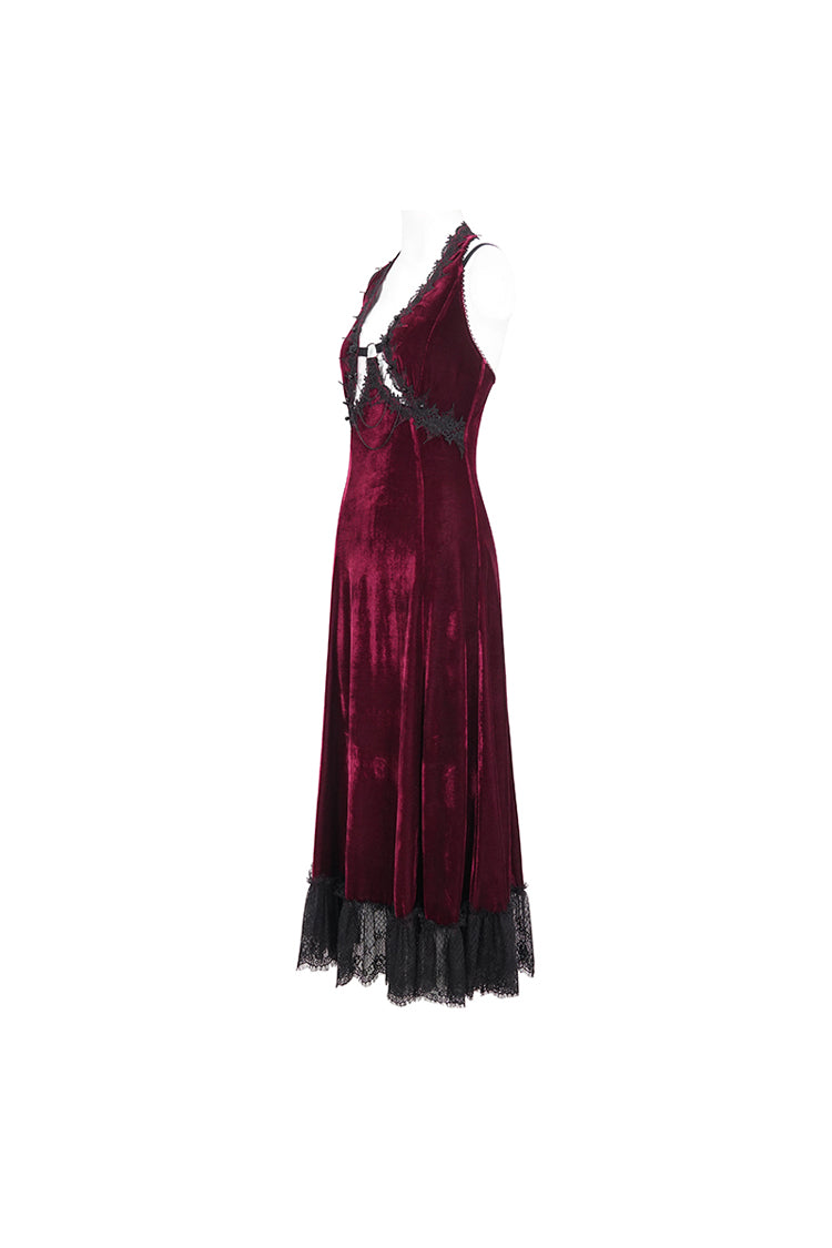 Red Lace Up Lace Hem Slip Long Women's Gothic Dress - Product - 8