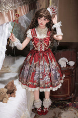 Red [Mystery Bunny] Sleeveless Jacquard Printed Ruffled Bow Lace Classic Lolita Jsk Dress Set - Product - 7