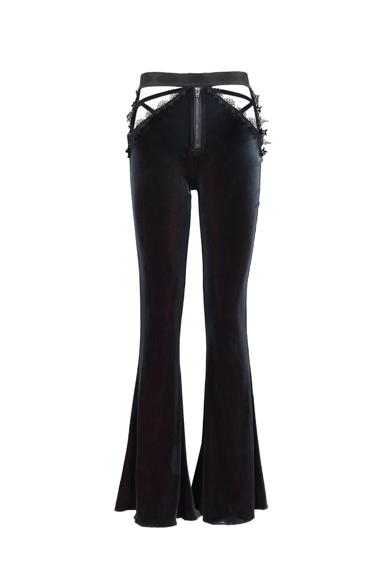 Black/Red Velvet Low-Rise Ribbon Cutout Flare Women's Gothic Pants - Product - 7
