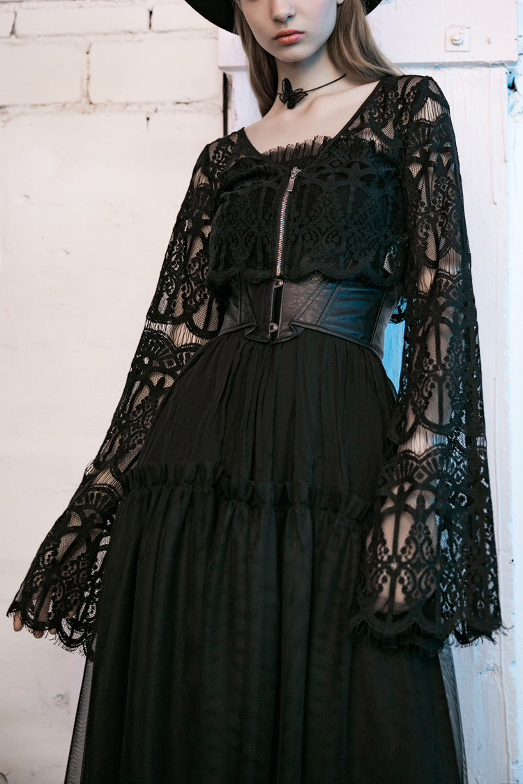 Black Metal Pendant Hollow Lace Lace-Up Women's Gothic Blouse - Black - 1