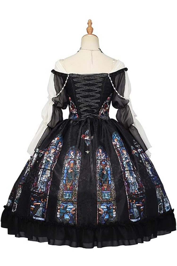 Black Stained Window Print Ruffle Bowknot Gothic Elegant Lolita Jsk Dress - Product - 7