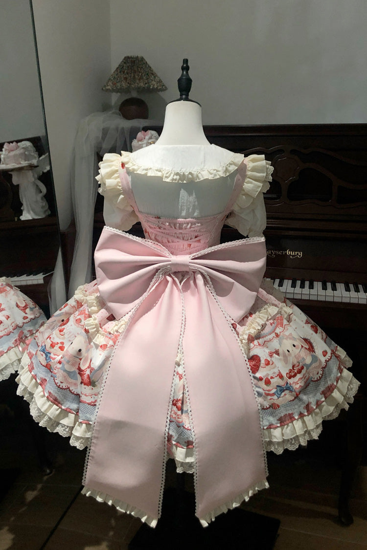 Pink [Cute Rabbit Party] Sleeveless Double-Layered Printed Ruffled Bow Sweet Lolita Jsk Dress - Product - 3