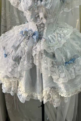 Blue [Anna’s Ball] Square Collar Ruffled Hanayome Bow Lace Sweet Princess Ballet Lolita Jsk Dress - Product - 4
