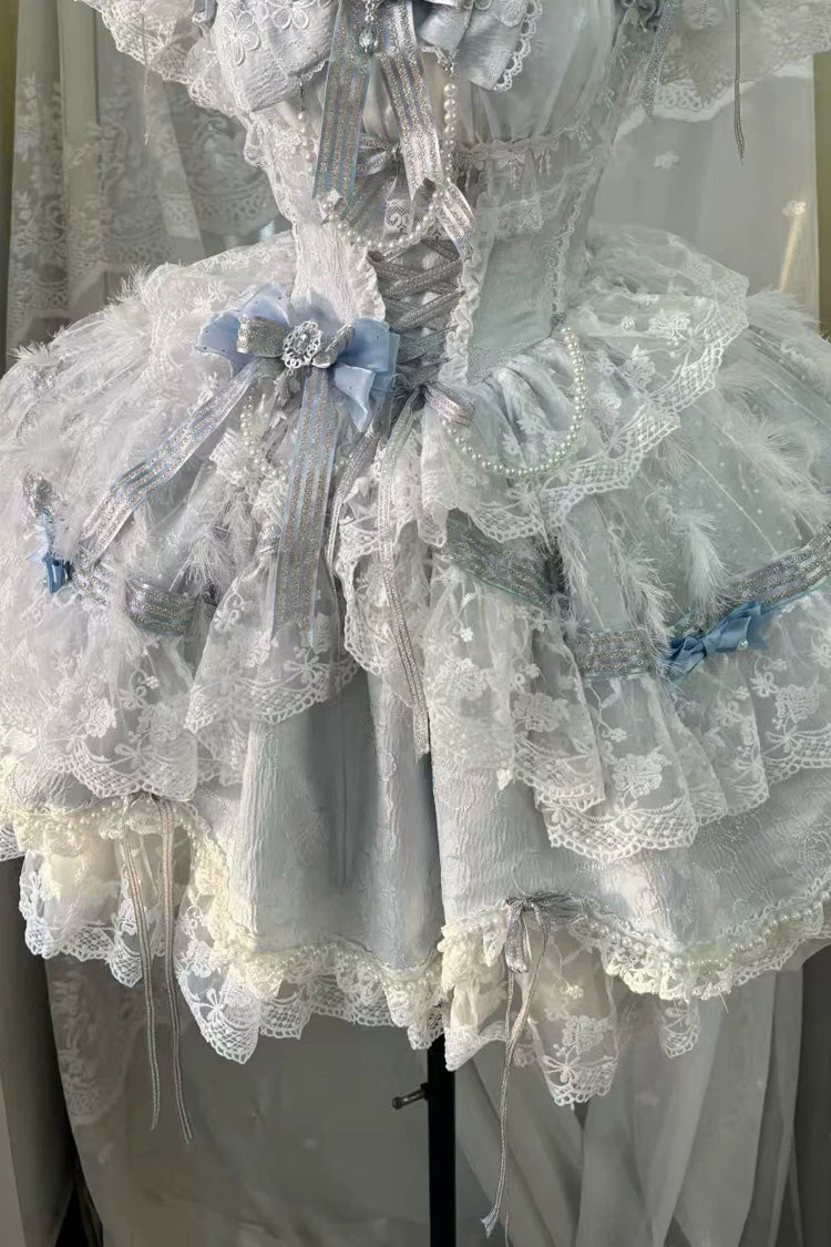 Blue [Anna’s Ball] Square Collar Ruffled Hanayome Bow Lace Sweet Princess Ballet Lolita Jsk Dress - Product - 4