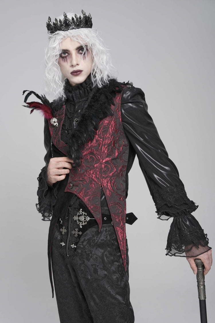 Black Long Sleeves Rose Print Irregular Contrast Color Men's Gothic Vest with Detachable Feather Accessory - Product - 3