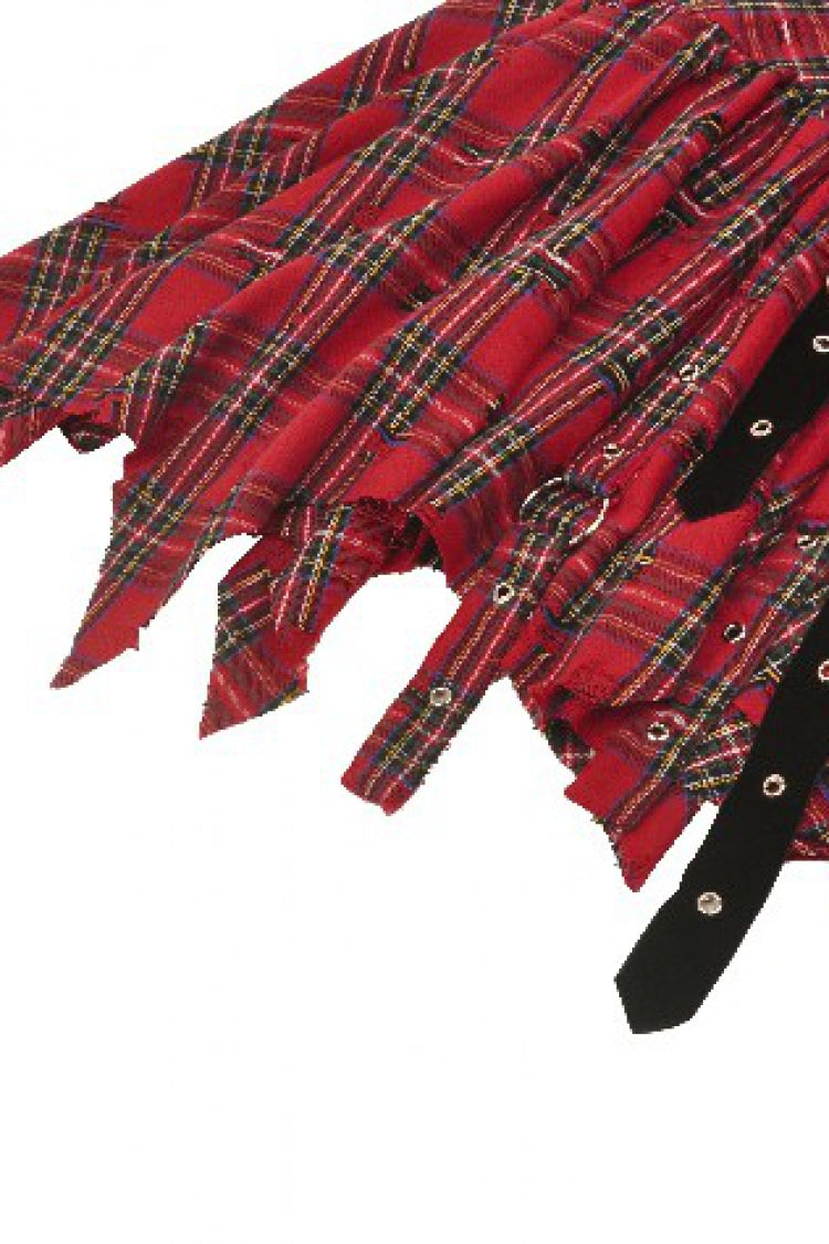 Red Buckled Frayed Asymmetric Hem Women's Punk Grunge Plaid Mini Slip Dress - Product - 23