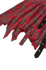 Red Buckled Frayed Asymmetric Hem Women's Punk Grunge Plaid Mini Slip Dress - Product - 23