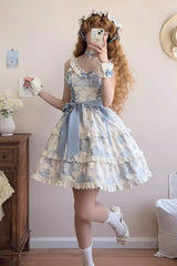 Blue [Grape Moon Almanac] Sleeveless Multi-Layered Printed Ruffled Bow Adjustable-Length Sweet Lolita Jsk Dress - Product - 4