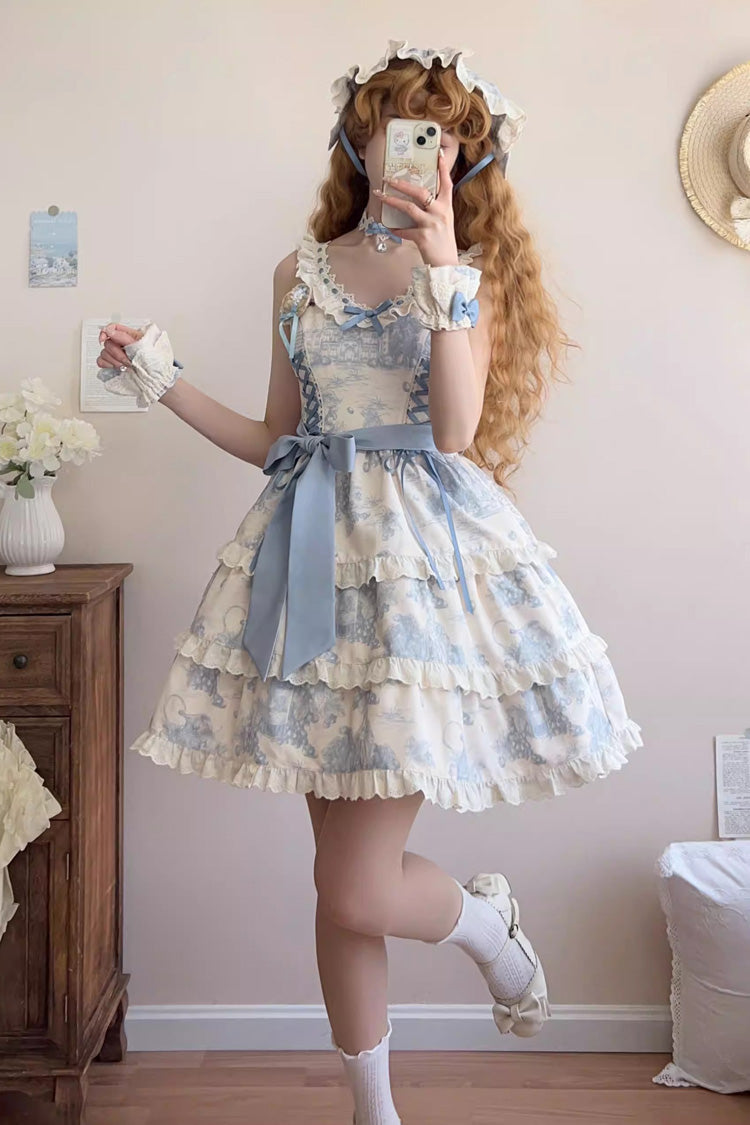 Blue [Grape Moon Almanac] Sleeveless Multi-Layered Printed Ruffled Bow Adjustable-Length Sweet Lolita Jsk Dress - Product - 4