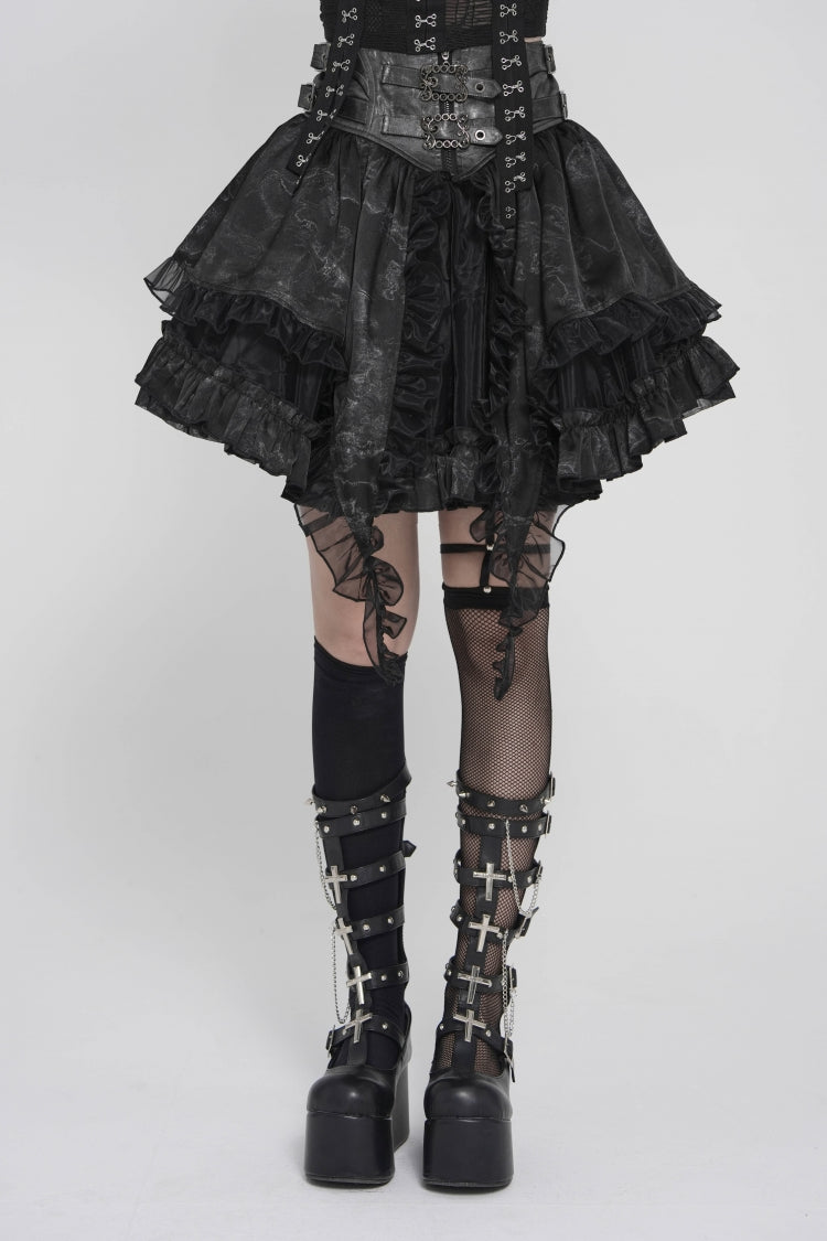 Black Multi-Layered Printed Spliced Lace Lace-Up Buckled Pleated Eyelet Women's Gothic Skirt - Product - 6