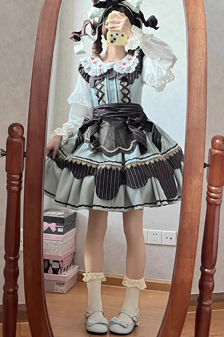 [Strawberry and Mint Chocolate] Double-Layered Printed Bow Lace-Up Irregular Sweet Lolita Dress 2 Colors - Green - 6