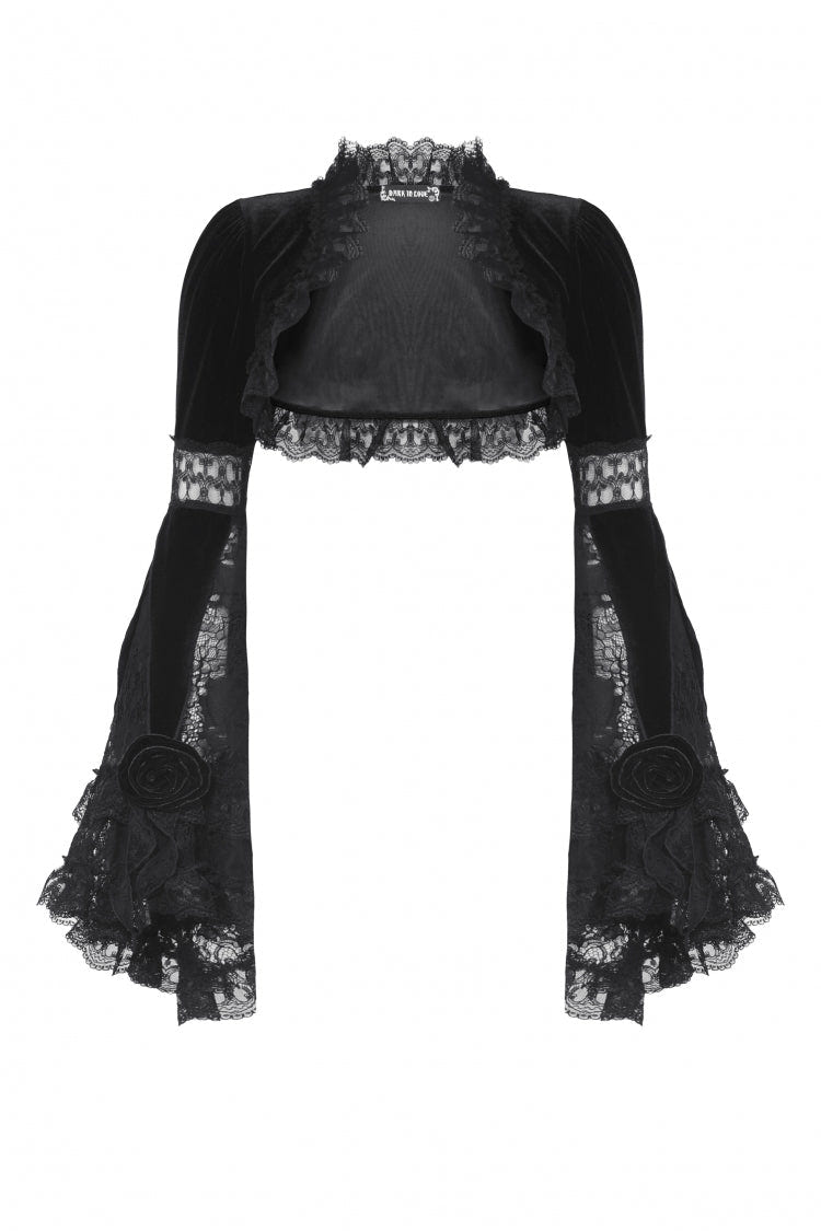 Black Long Puff Flared Sleeves Ruffled Lace Spliced Velvet Women's Gothic Cape - Product - 3