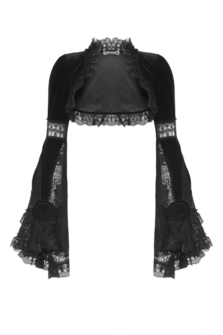 Black Long Puff Flared Sleeves Ruffled Lace Spliced Velvet Women's Gothic Cape - Product - 3