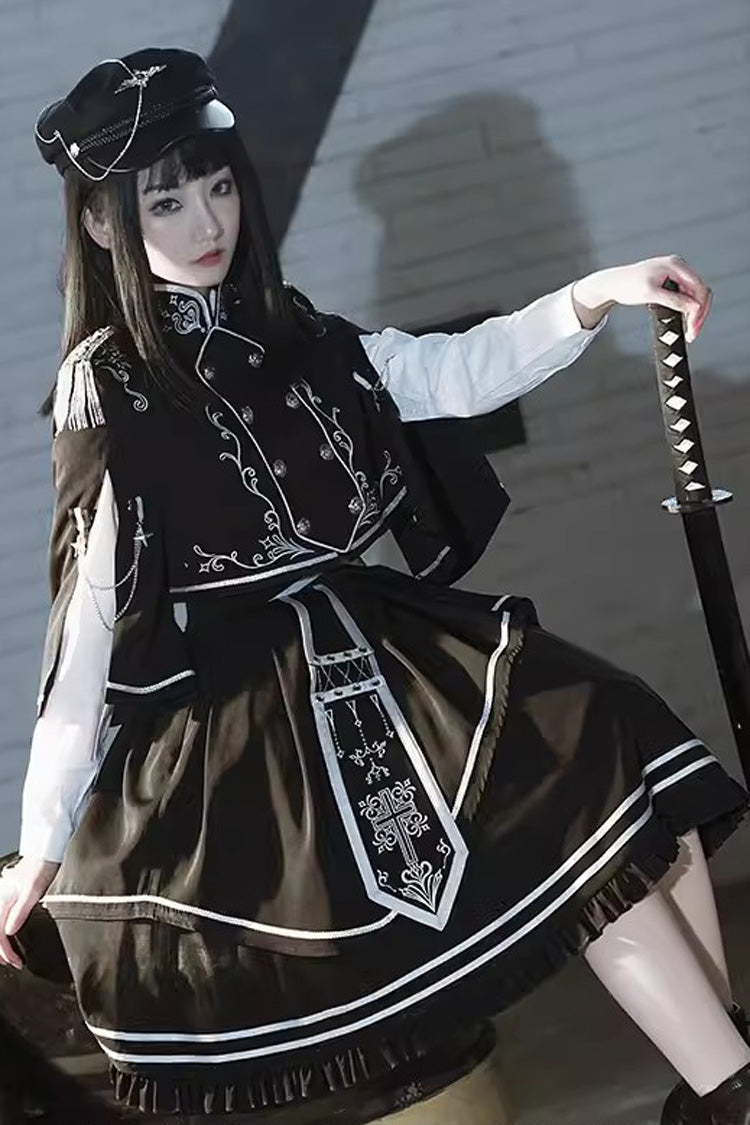 Black Battle of Thorns Print Ruffle Gothic Military Handsome Lolita Skirt - Product - 4