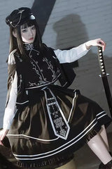 Black Battle of Thorns Print Ruffle Gothic Military Handsome Lolita Skirt - Product - 4