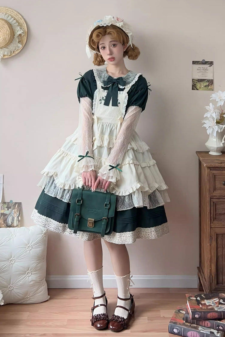 Green [Mist over Flowers Along the Path] Lapel Collar Long Sleeves Embroidery Bowknot Lace Sweet Lolita Dress - Green - 1