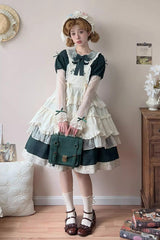 Green [Mist over Flowers Along the Path] Lapel Collar Long Sleeves Embroidery Bowknot Lace Sweet Lolita Dress - Green - 1